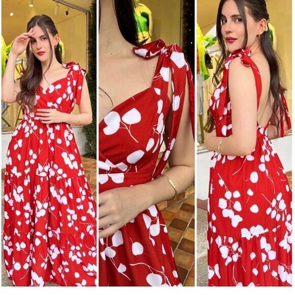 NWT Women’s Red-White Floral Print Maxi Dress -Sz Small - Picture 1 of 9